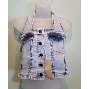New Stretch Denim Halter Crop Top Western Grunge Love Trends Sz S